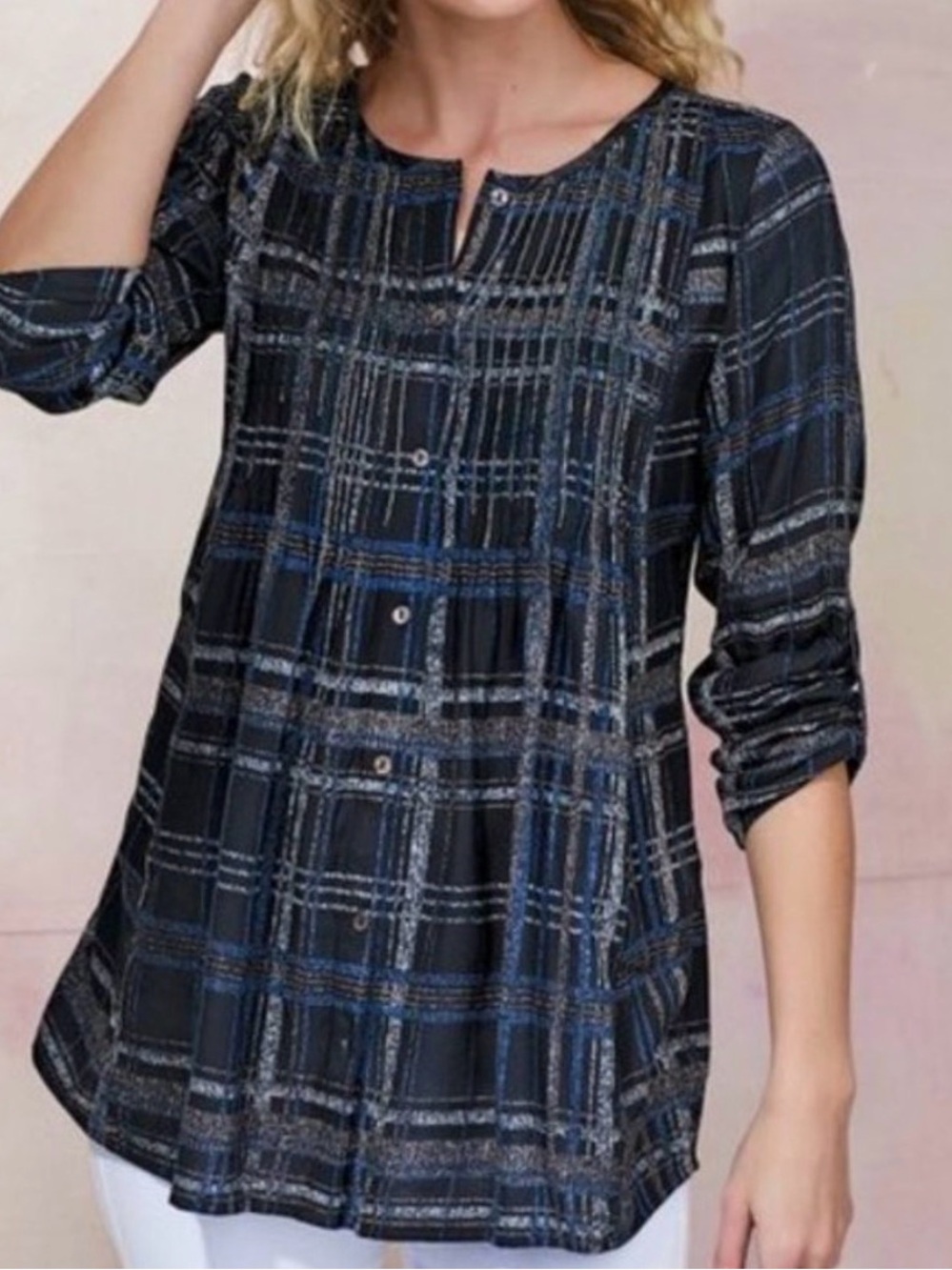 Soft Surroundings Plaid Campania Beaded Tunic Shirt, Size Large (L) - Black Blue